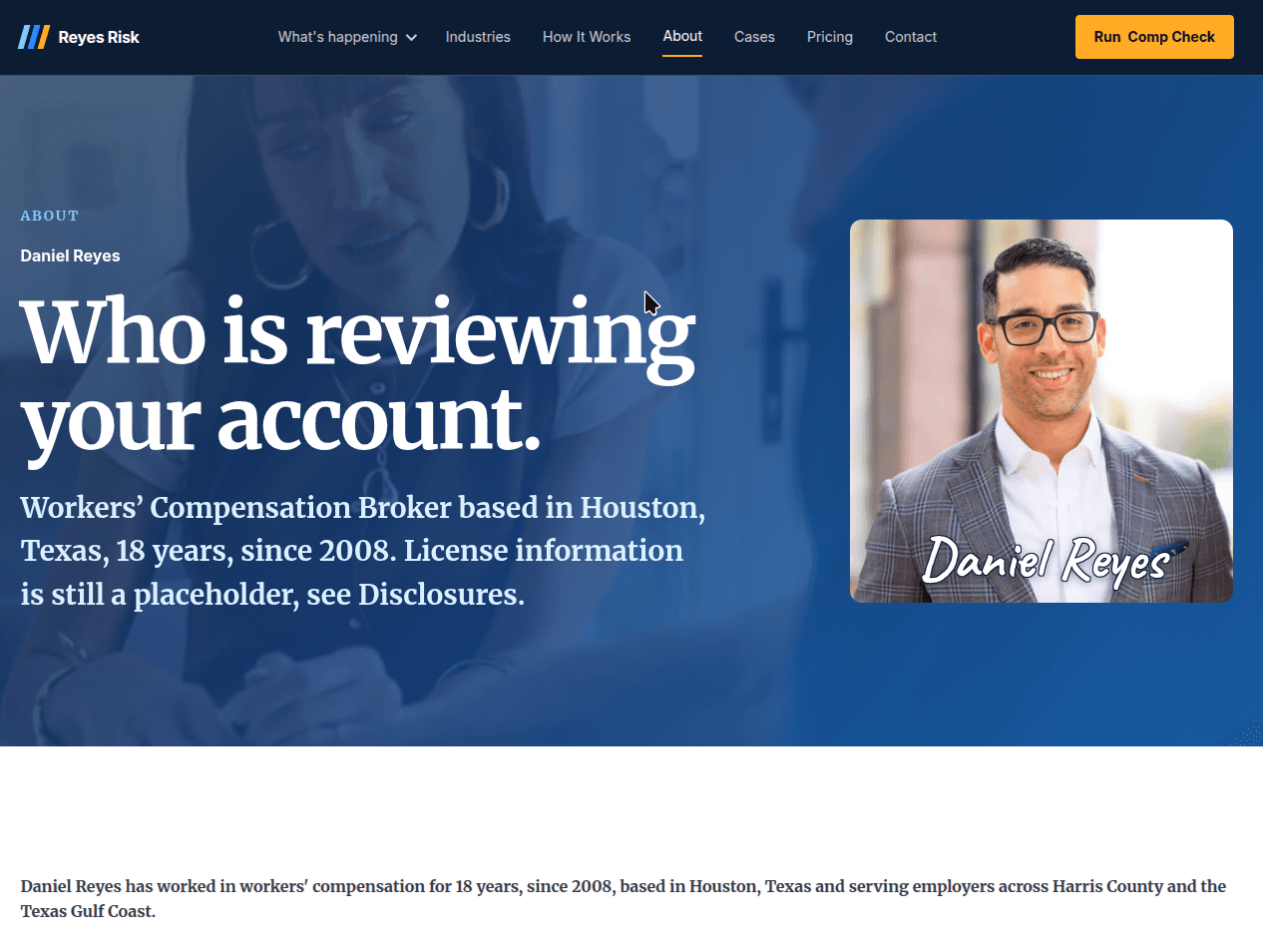 The about page introducing the broker who reviews the account, with his photograph, signature, years in the trade and territory