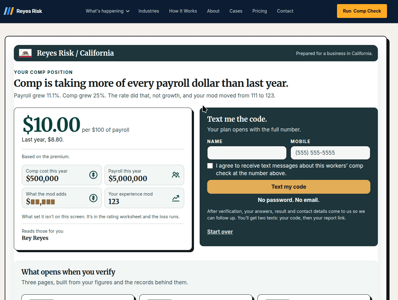 The Comp Check answer screen showing the finding, a rate of ten dollars per hundred of payroll against last year, a masked figure for what the experience mod adds, and the verification panel