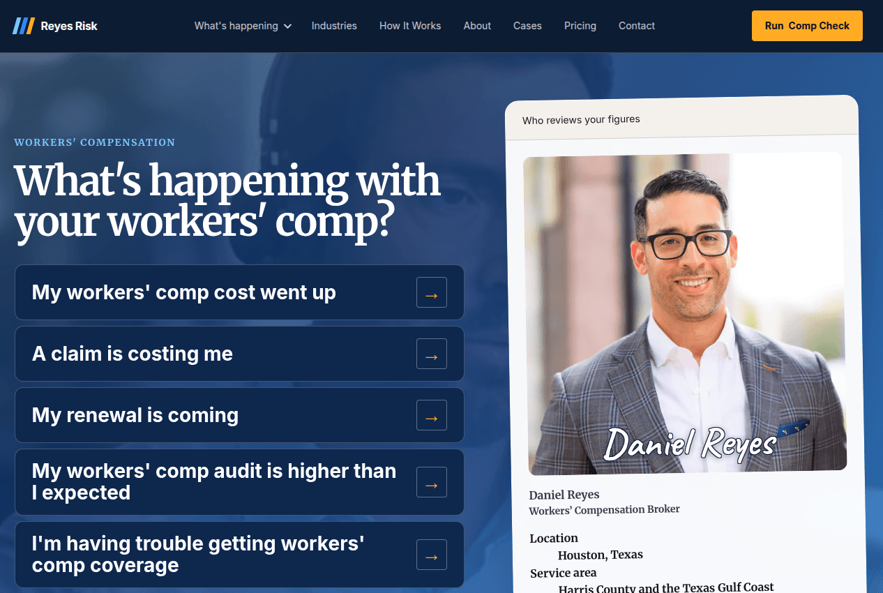 The Reyes Risk Partners home page, a BrokerSite built to the same speed standard