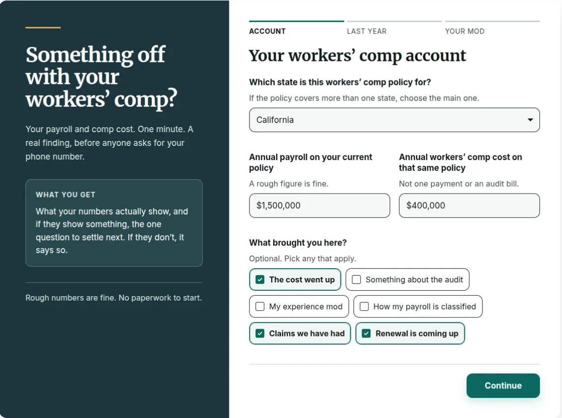 A workers’ comp check running on a broker’s own site, California policy, with annual payroll and comp cost entered